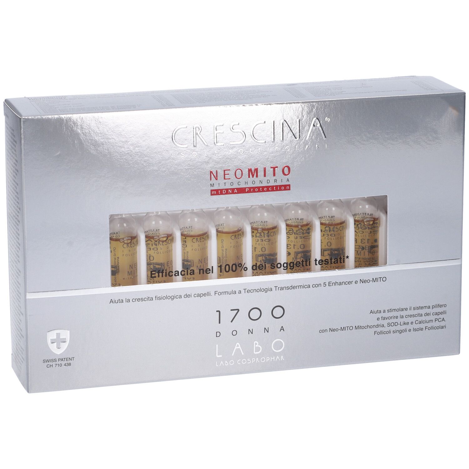 Scatola con fiale. Scritta: Crescina, Neomito, 1700 Donna. Fiale gialle visibili. Testo: Efficacia nel 100% dei soggetti testati!