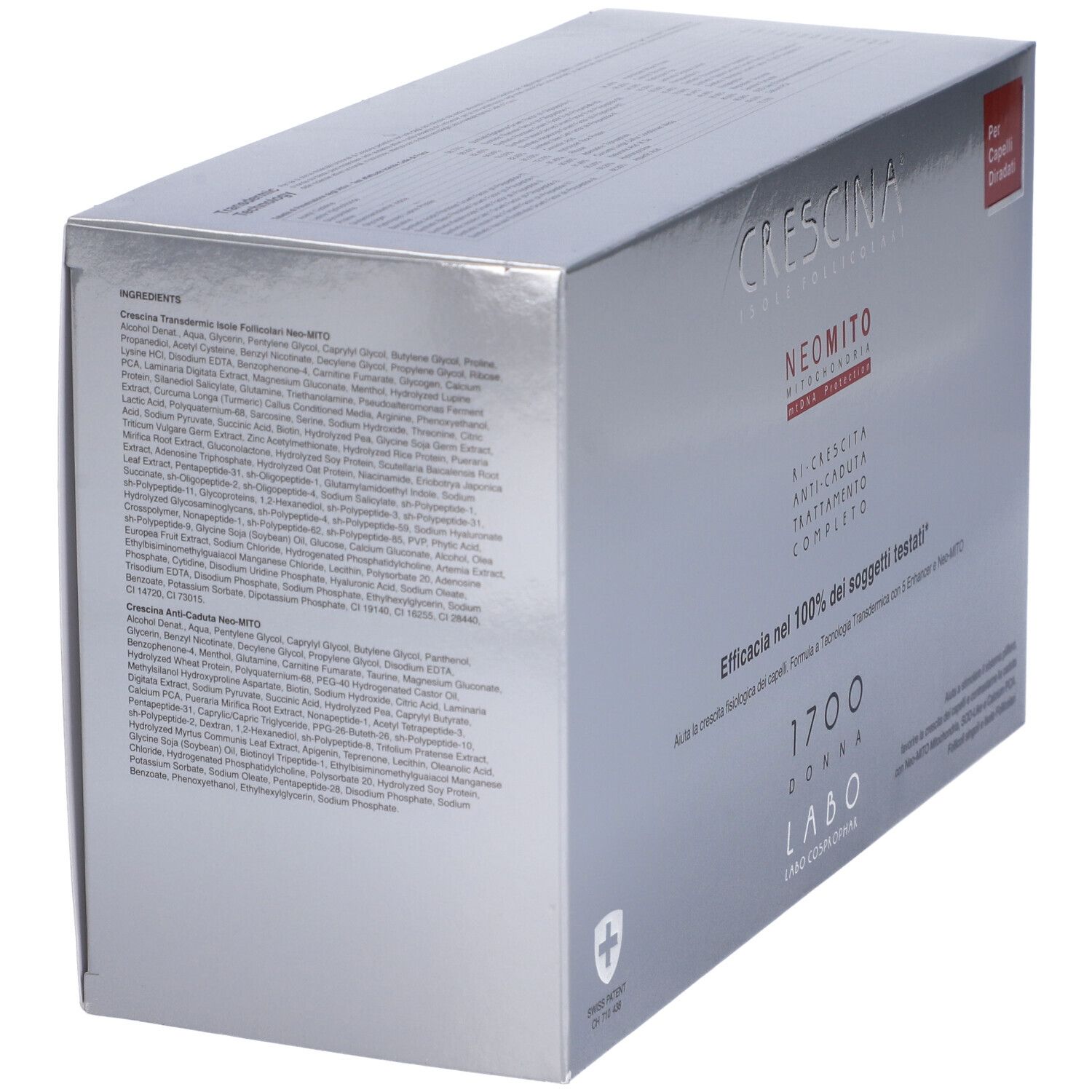 Confezione argentata con testo. Testo: Ingredienti, Crescina, Neomito, 1700 Donna. Per capelli diradati.