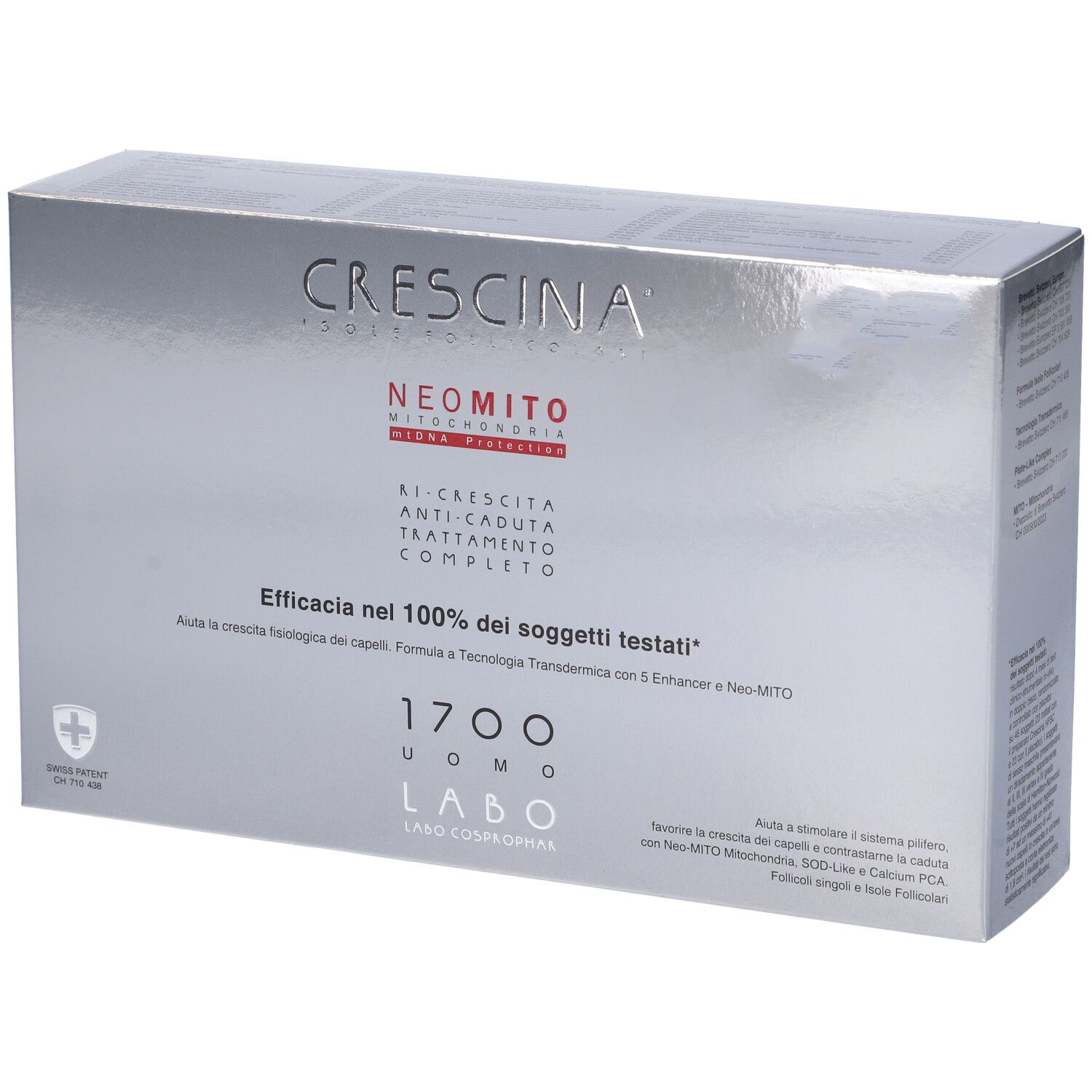 Confezione argentata con testo e logo. Contiene il nome del prodotto e la scritta « 1700 Uomo ».