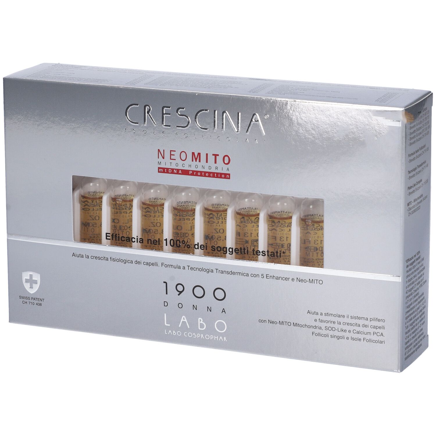 Labo Crescina Isole Follicolari Neo Mito 1900 Donna. Scatola argentata con finestra. Fiale visibili. Nome e logo del prodotto.