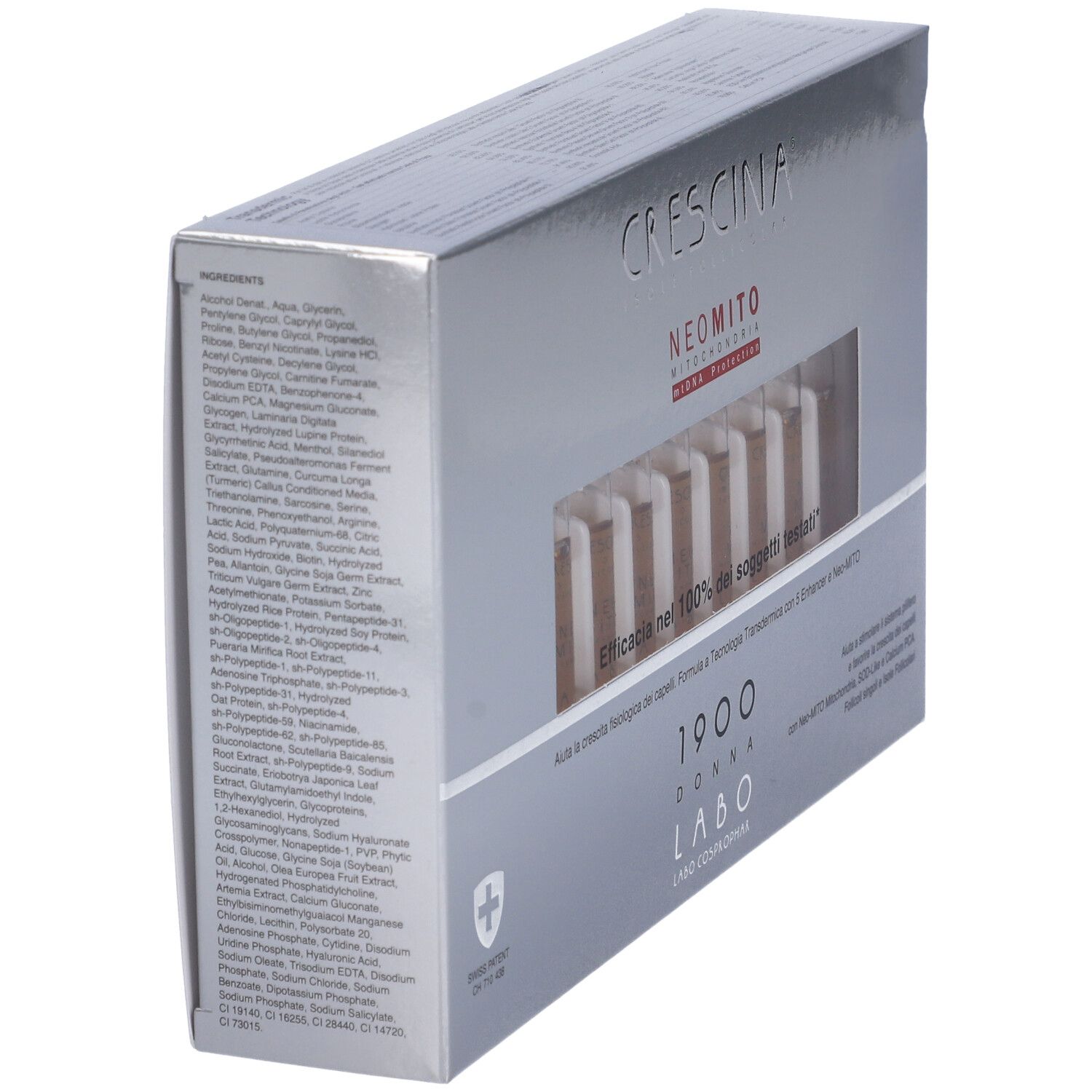 Labo Crescina Isole Follicolari Neo Mito 1900 Donna. Scatola, vista laterale. Ingredienti e informazioni stampate sulla confezione.