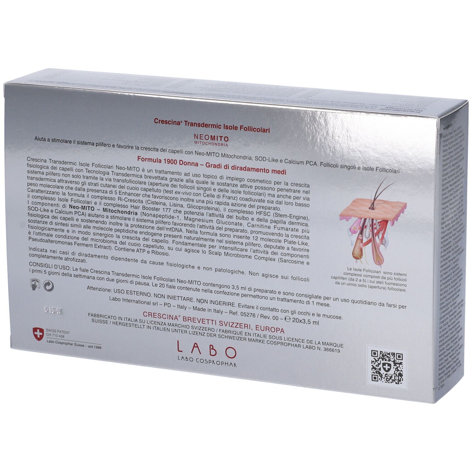 Labo Crescina Isole Follicolari Neo Mito 1900 Donna. Retro della scatola. Informazioni sul prodotto, istruzioni e logo.
