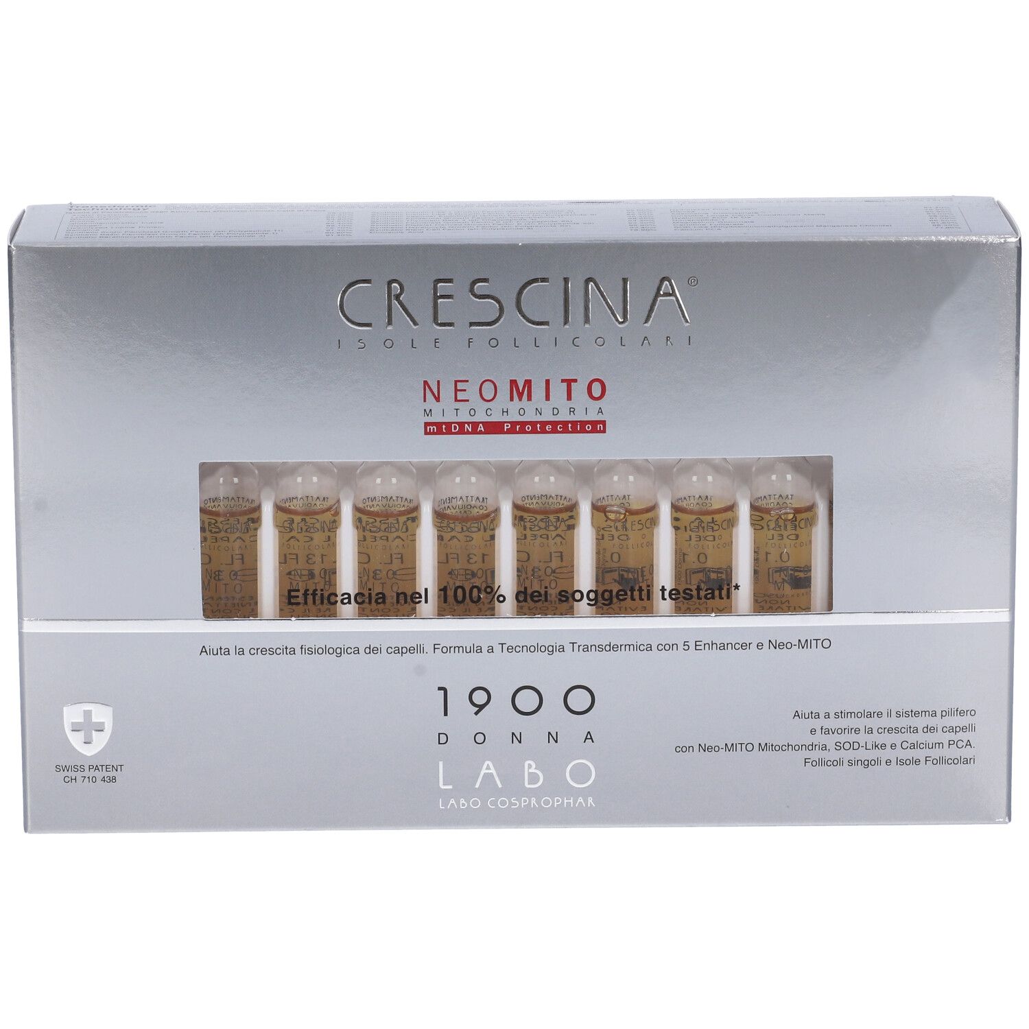 Labo Crescina Isole Follicolari Neo Mito 1900 Donna. Scatola argentata con fiale. Nome e logo del prodotto ben visibili.
