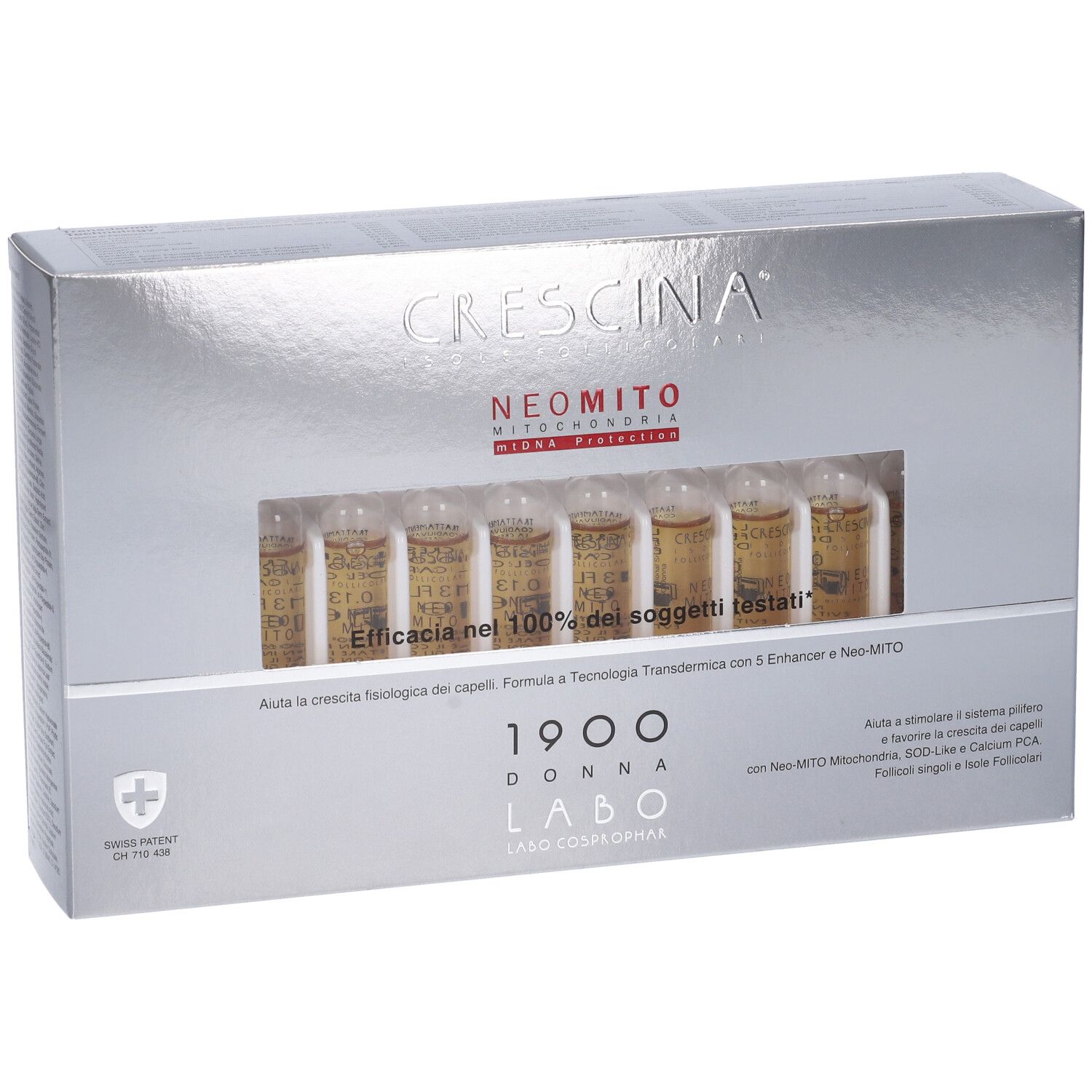 Labo Crescina Isole Follicolari Neo Mito 1900 Donna. Scatola argentata con fiale. Nome e logo del prodotto.