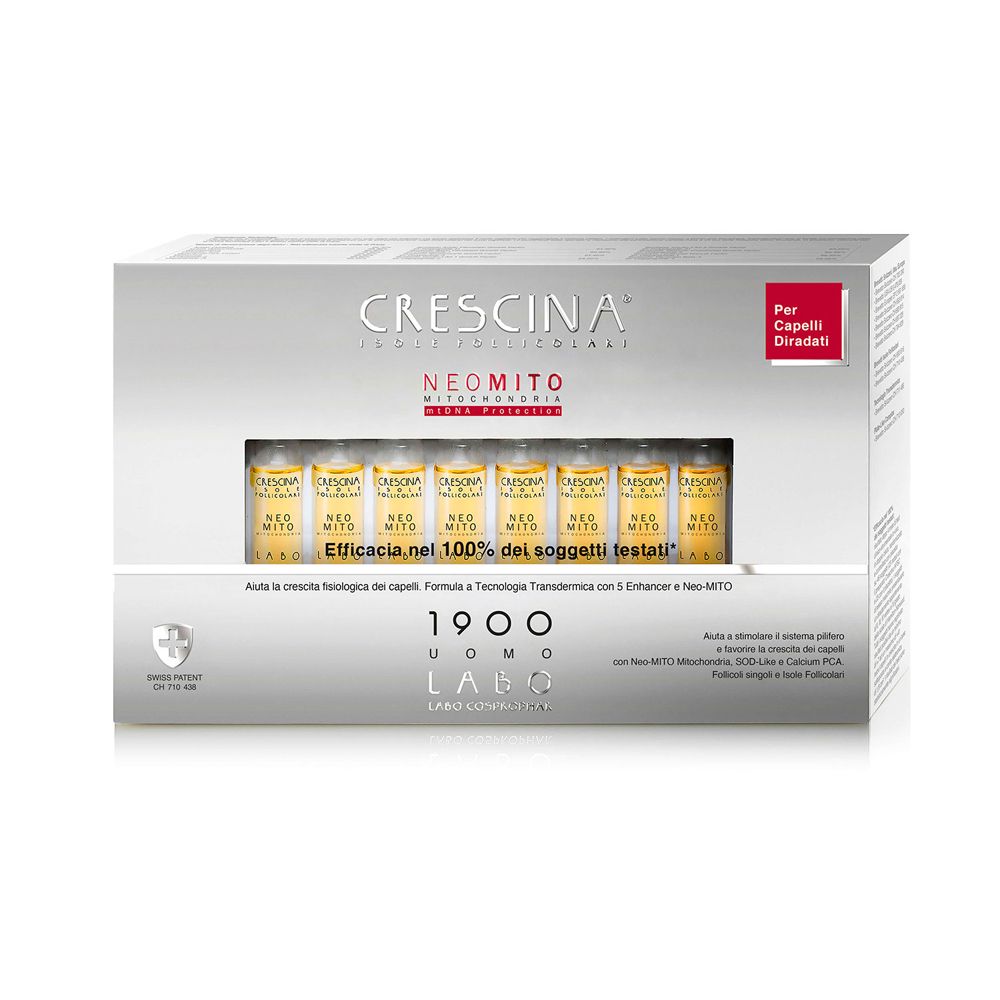 Scatola con fiale. Scritta: Crescina, Neo Mito, 1900 Uomo. Contiene fiale per la cura dei capelli.