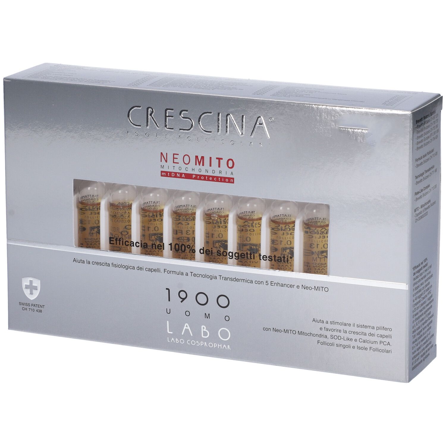 Scatola argentata con fiale. Scritta: Crescina, Neo Mito, 1900 Uomo. Contiene fiale per la cura dei capelli.
