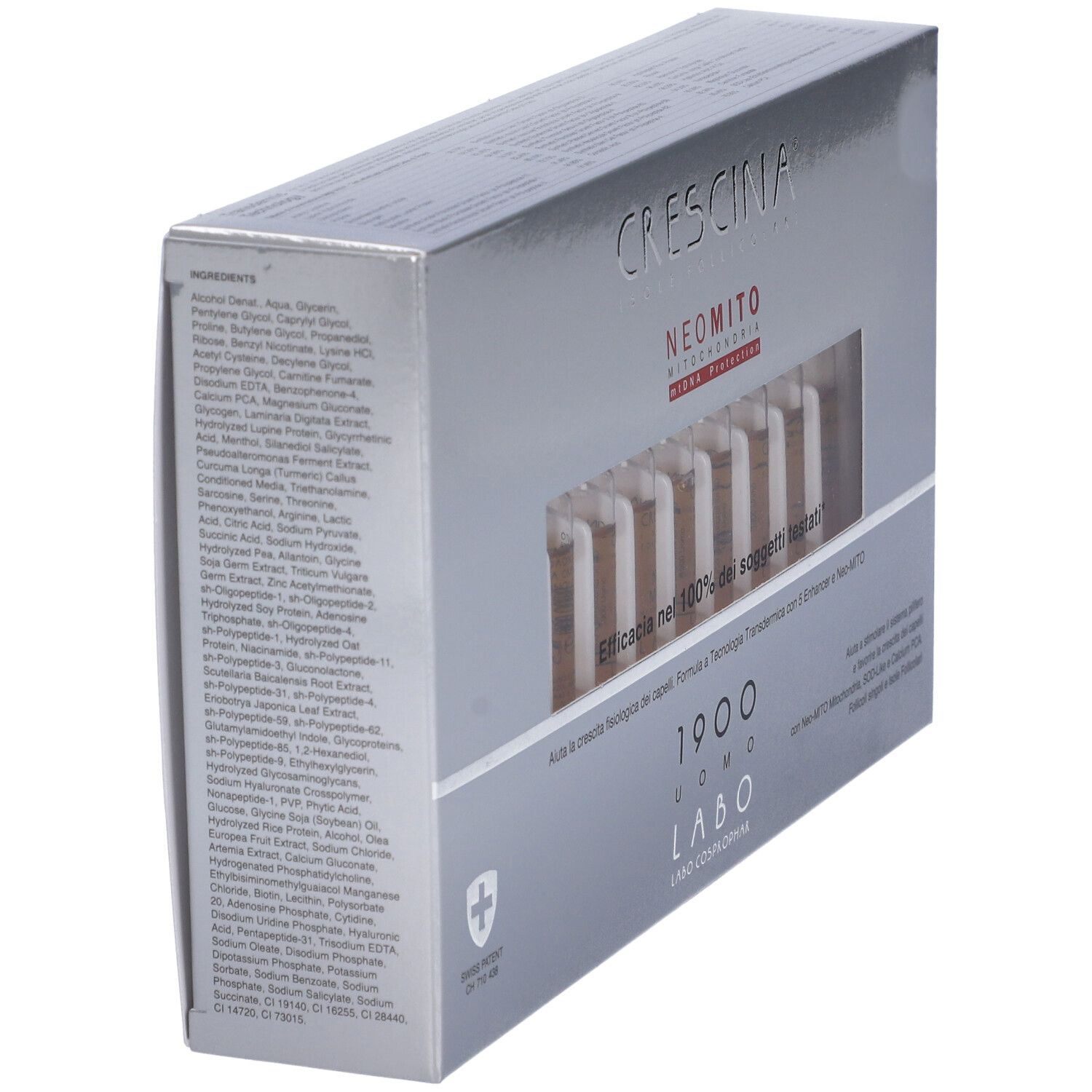 Scatola argentata con elenco ingredienti. Scritta: Crescina, Neo Mito, 1900 Uomo. Contiene ingredienti per la cura dei capelli.