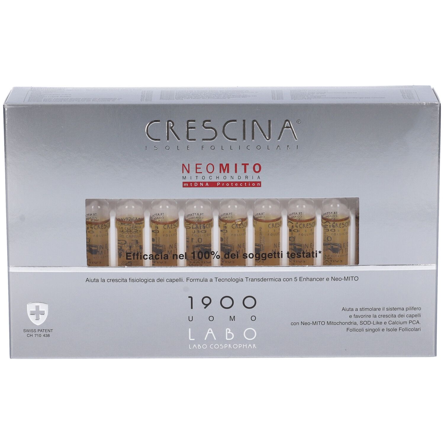 Scatola argentata con fiale. Scritta: Crescina, Neo Mito, 1900 Uomo. Contiene fiale per la cura dei capelli.