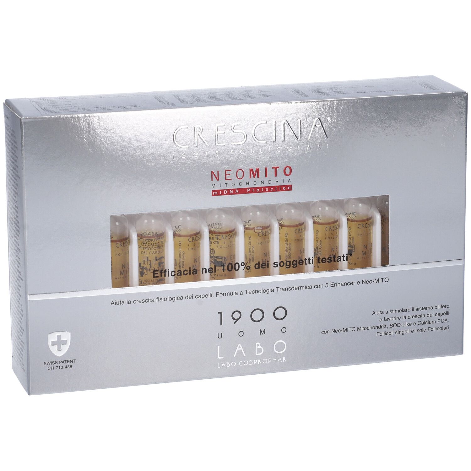 Scatola argentata con fiale. Scritta: Crescina, Neo Mito, 1900 Uomo. Contiene fiale per la cura dei capelli.