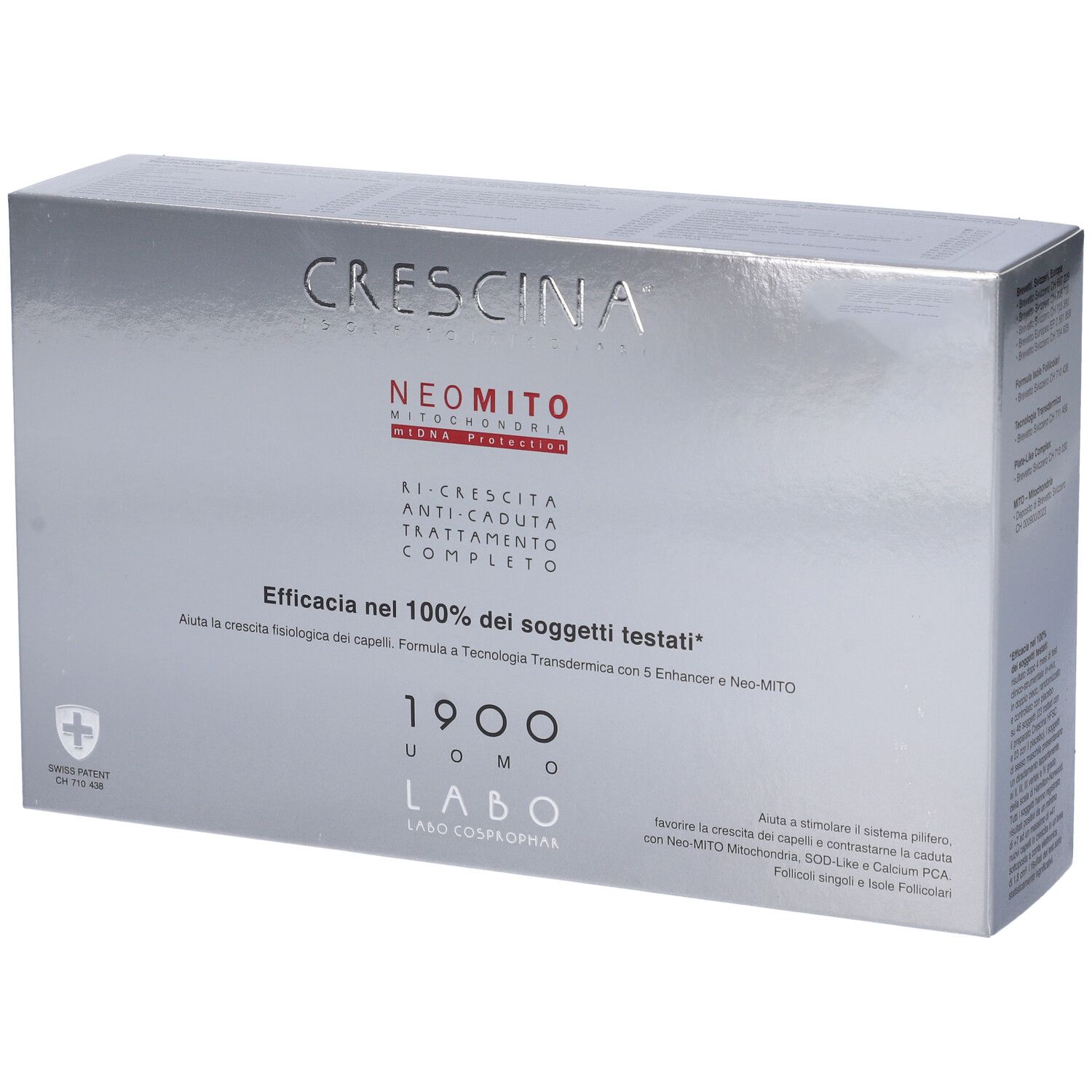 Confezione argentata Crescina Neo Mito 1900 Uomo. Testo: Trattamento anticaduta. Croce svizzera.