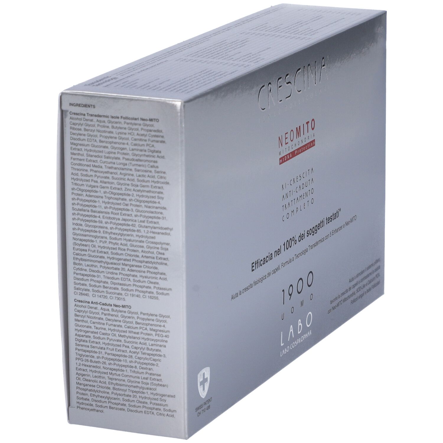 Confezione argentata Crescina Neo Mito 1900 Uomo. Testo: Ingredienti. Croce svizzera.