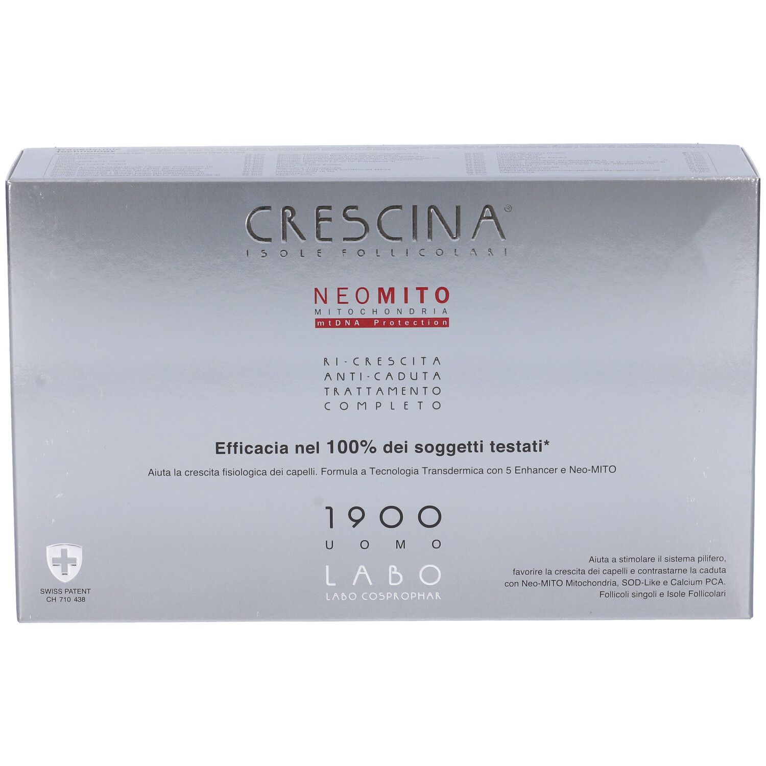 Confezione argentata Crescina Neo Mito 1900 Uomo. Testo: Trattamento anticaduta. Croce svizzera.