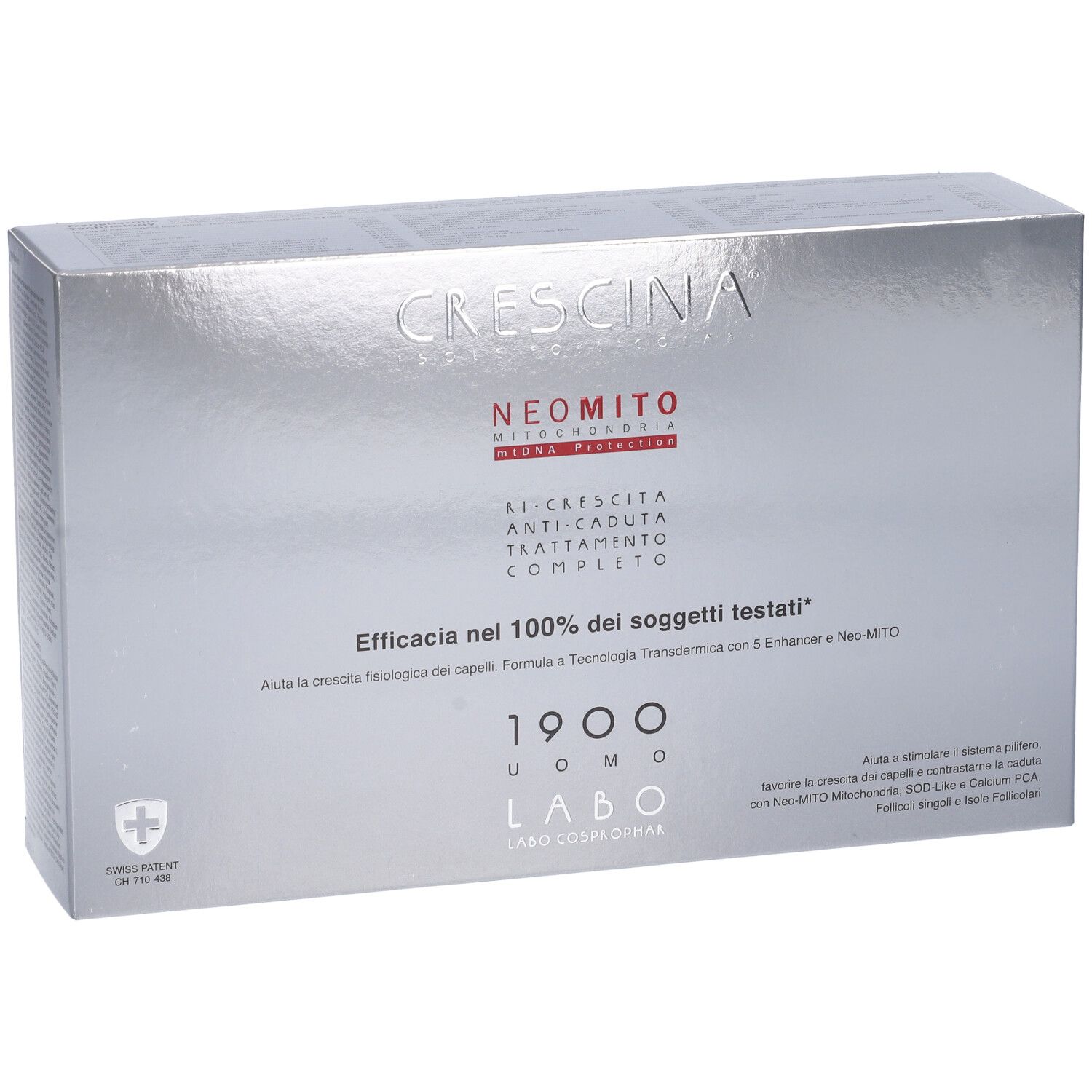 Confezione argentata Crescina Neo Mito 1900 Uomo. Testo: Trattamento anticaduta. Croce svizzera.