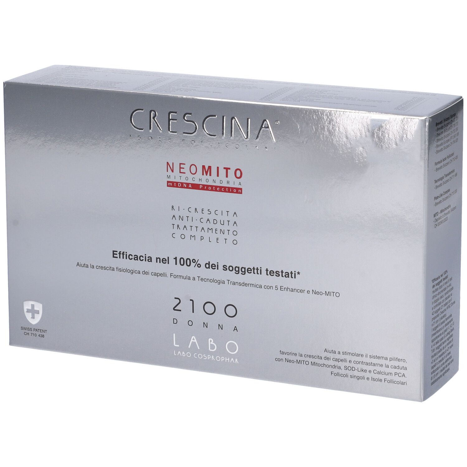 Scatola argentata con scritte. Crescina, Neomito, 2100 Donna, Labo. Per la caduta dei capelli.