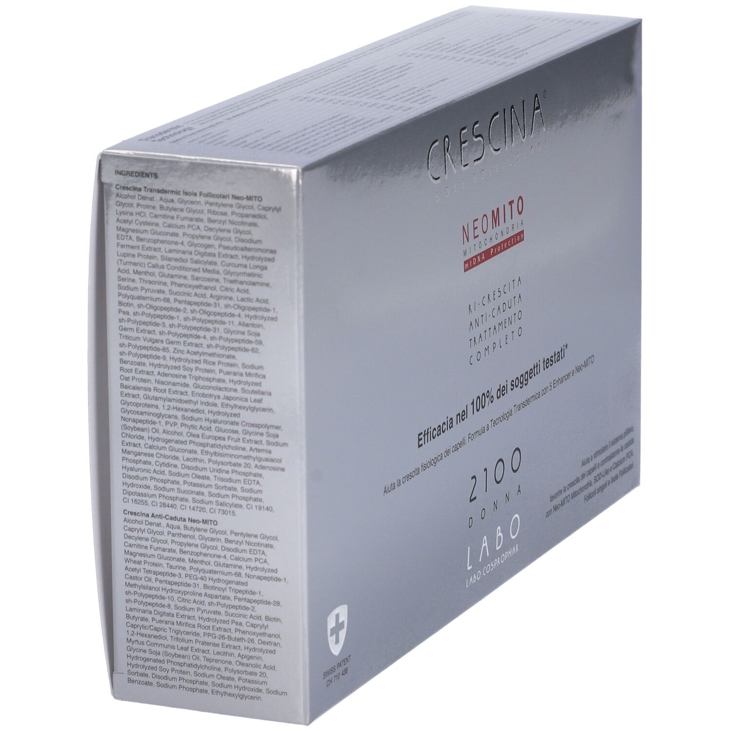 Scatola argentata con informazioni sul prodotto. Crescina, Neomito, 2100 Donna, Labo. Ingredienti.