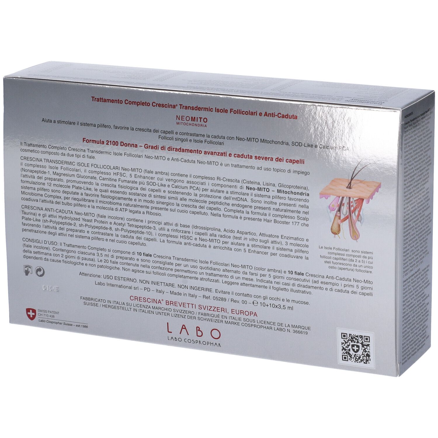 Scatola argentata con informazioni sul prodotto. Crescina, Neomito, 2100 Donna, Labo. Utilizzo.