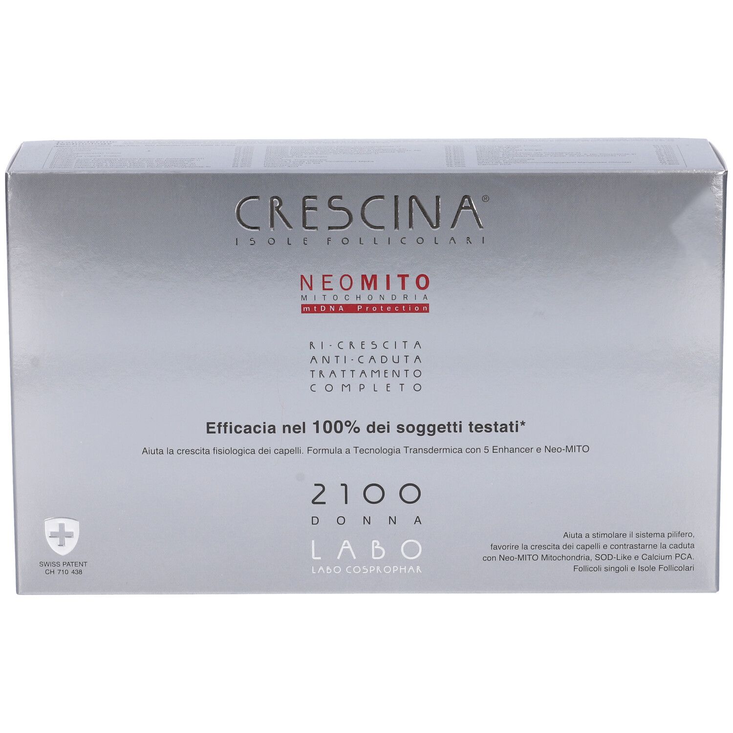 Scatola argentata con scritte. Crescina, Neomito, 2100 Donna, Labo. Per la caduta dei capelli.