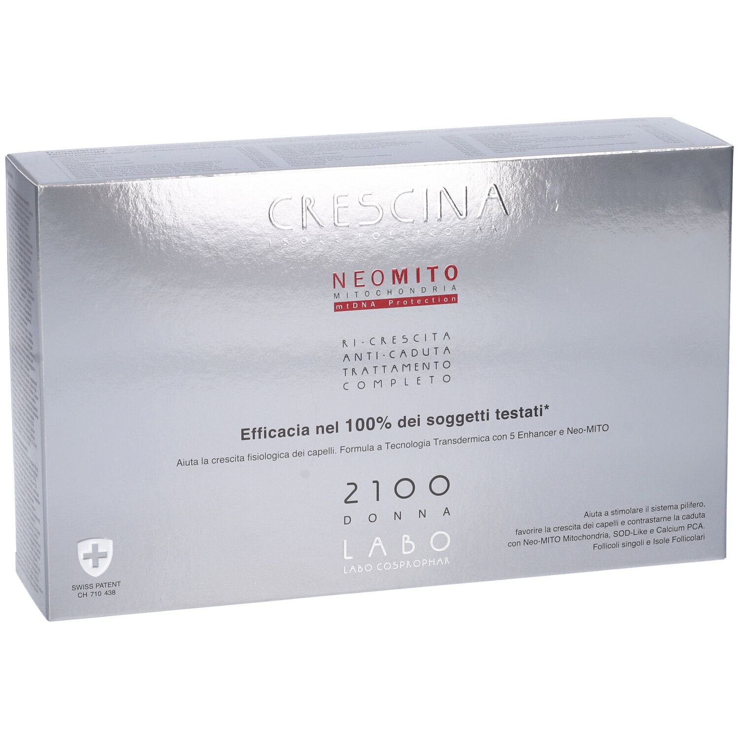 Scatola argentata con scritte. Crescina, Neomito, 2100 Donna, Labo. Per la caduta dei capelli.