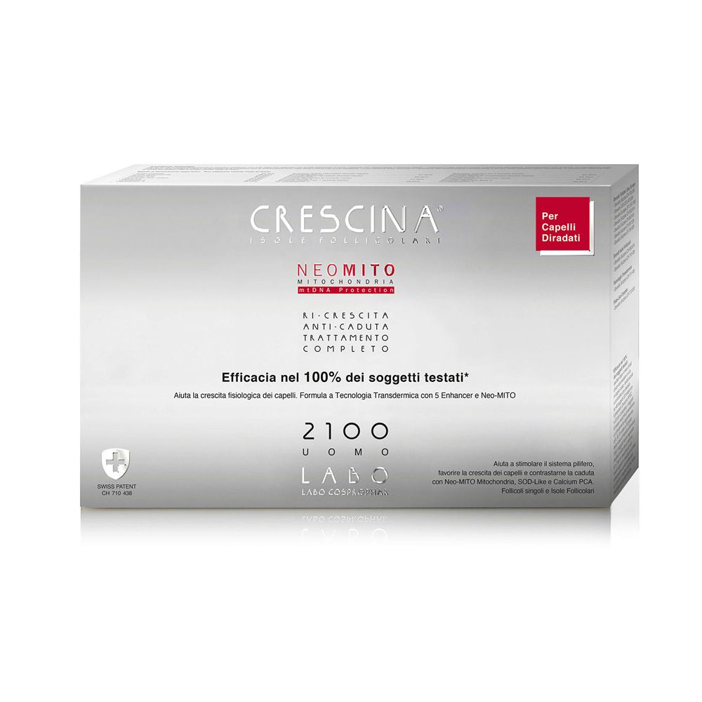 Confezione prodotto argentata con testo. Contiene il marchio Crescina, Neo Mito, e testo in italiano. Rettangolo rosso con testo.