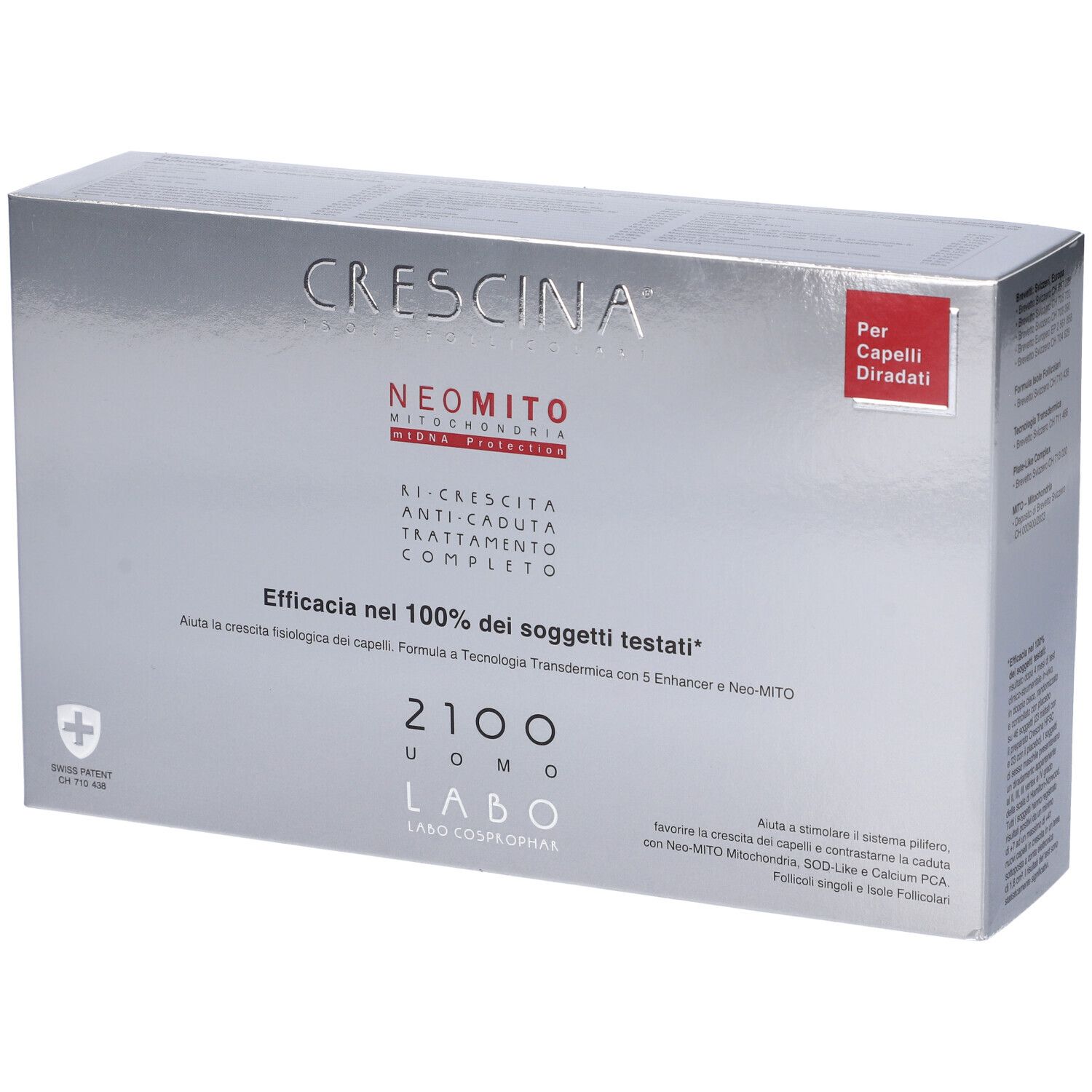 Confezione prodotto argentata con testo. Contiene il marchio Crescina, Neo Mito, e testo in italiano. Rettangolo rosso con testo.