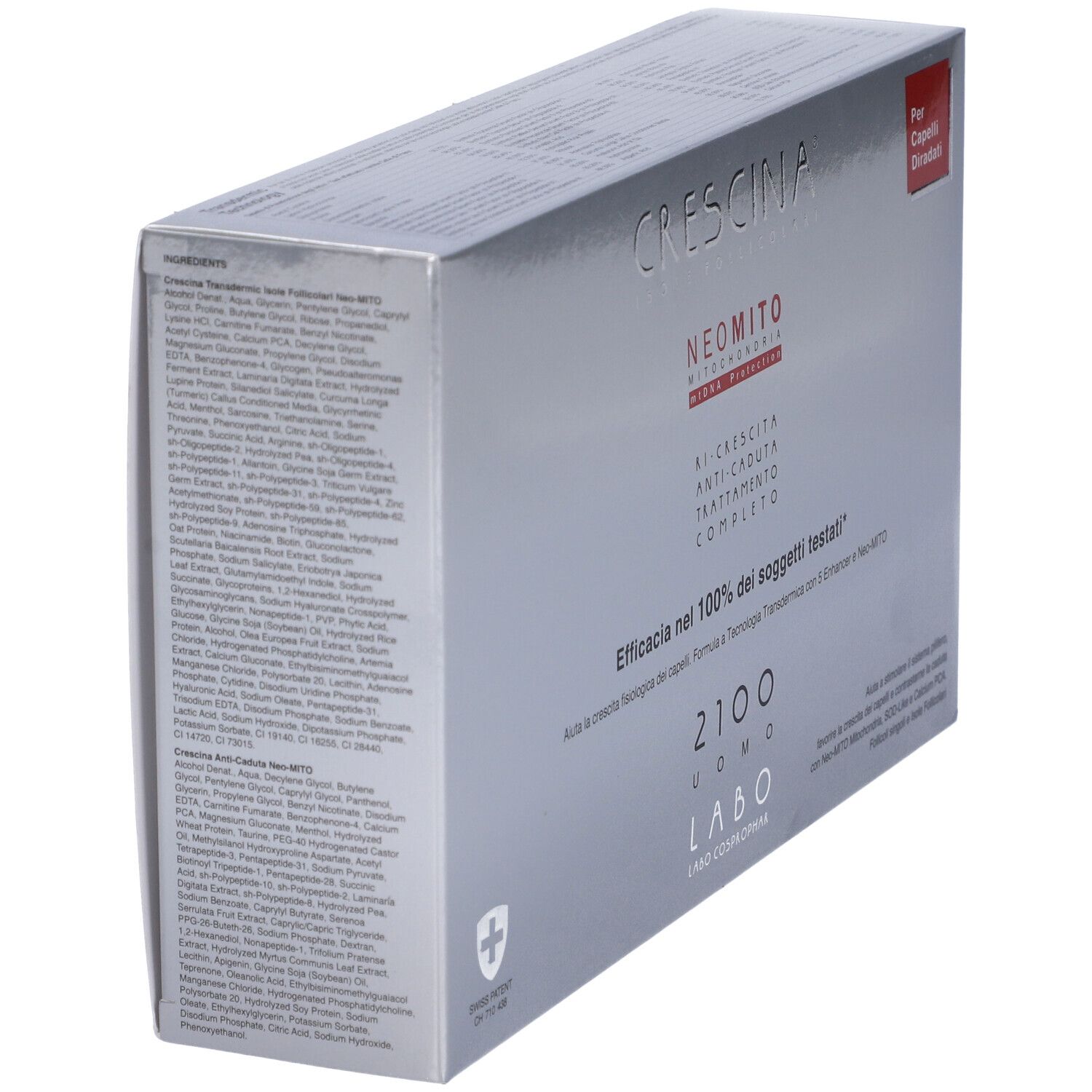 Confezione prodotto argentata con testo. Contiene il marchio Crescina, Neo Mito, e testo in italiano. Rettangolo rosso con testo.