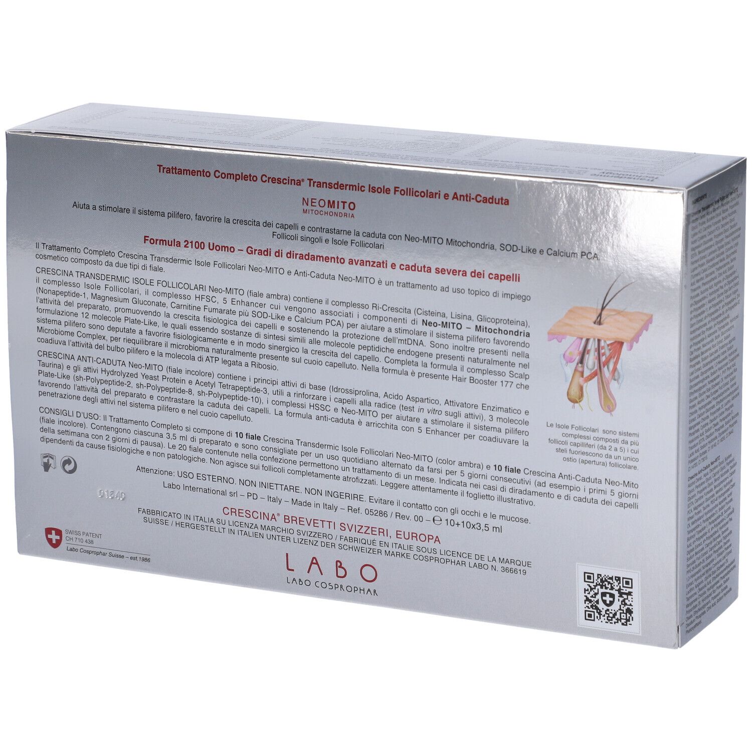 Confezione prodotto argentata con testo. Contiene il marchio Crescina, Neo Mito, e testo in italiano. Rettangolo rosso con testo.