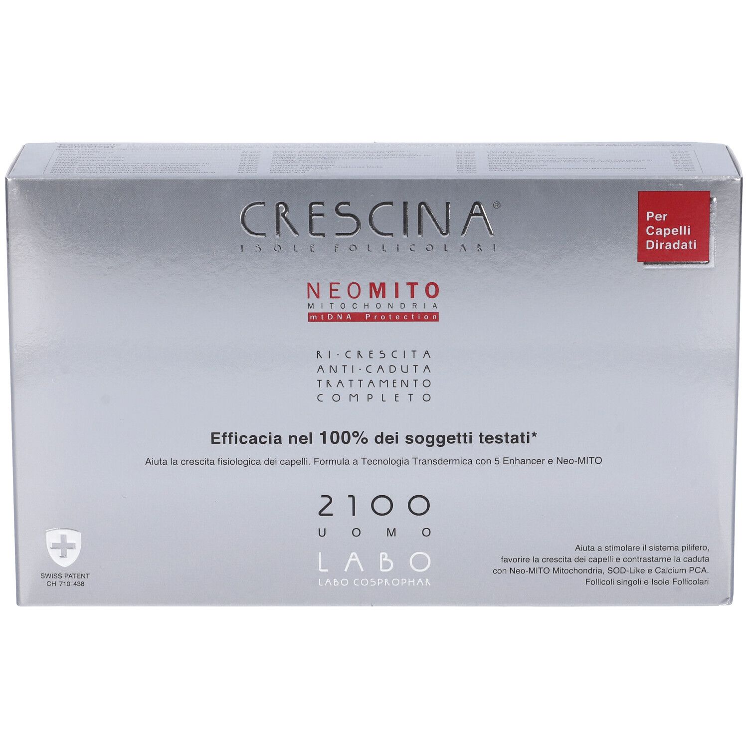 Confezione prodotto argentata con testo. Contiene il marchio Crescina, Neo Mito, e testo in italiano. Rettangolo rosso con testo.