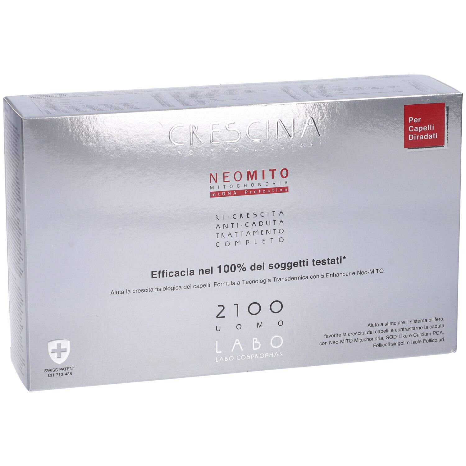 Confezione prodotto argentata con testo. Contiene il marchio Crescina, Neo Mito, e testo in italiano. Rettangolo rosso con testo.