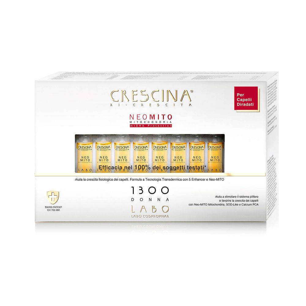 Scatola bianca con fiale. Scritta: Crescina, Neo Mito, 1300 Donna. Etichetta rossa: Per Capelli Diradati.