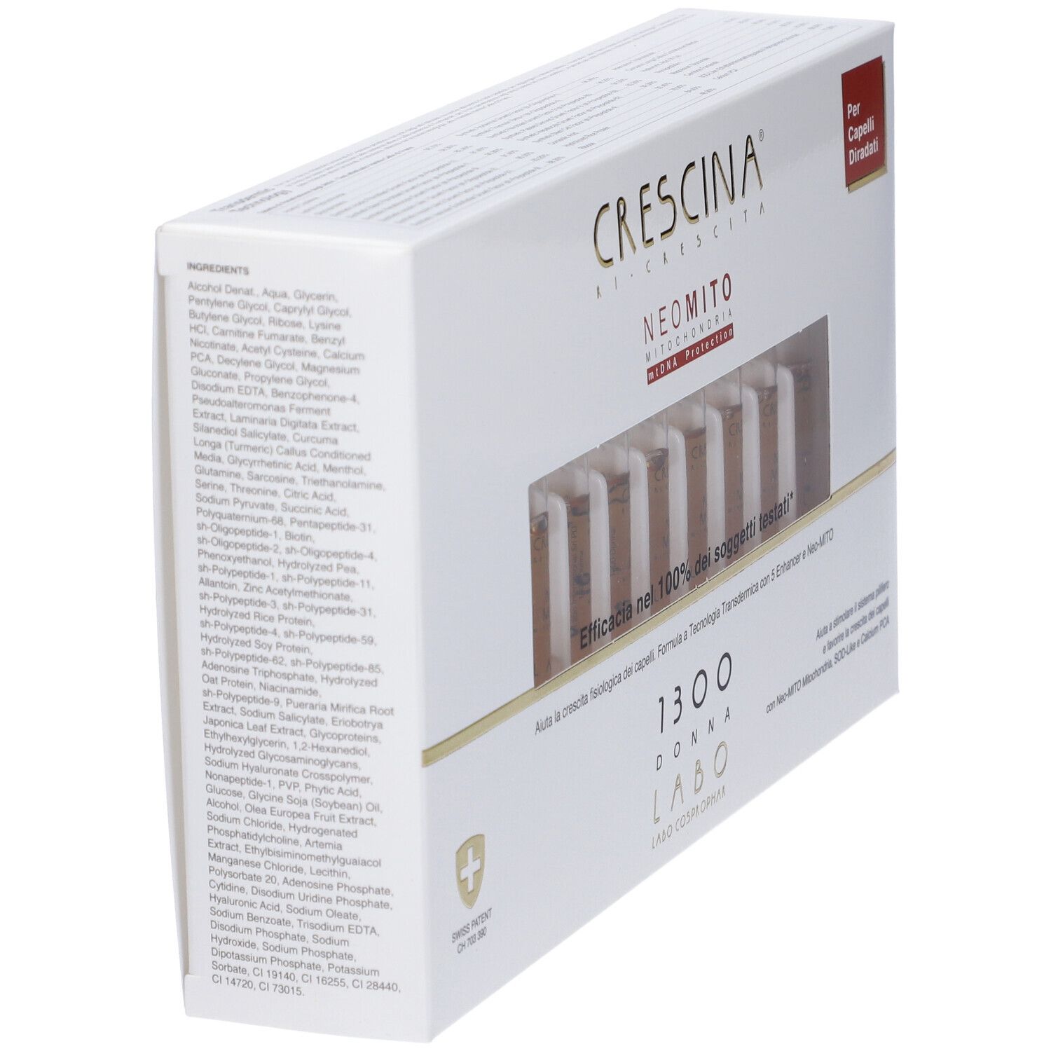 Scatola bianca, angolata. Scritta: Crescina, Neo Mito, 1300 Donna. Brevetto svizzero. Ingredienti sul lato.