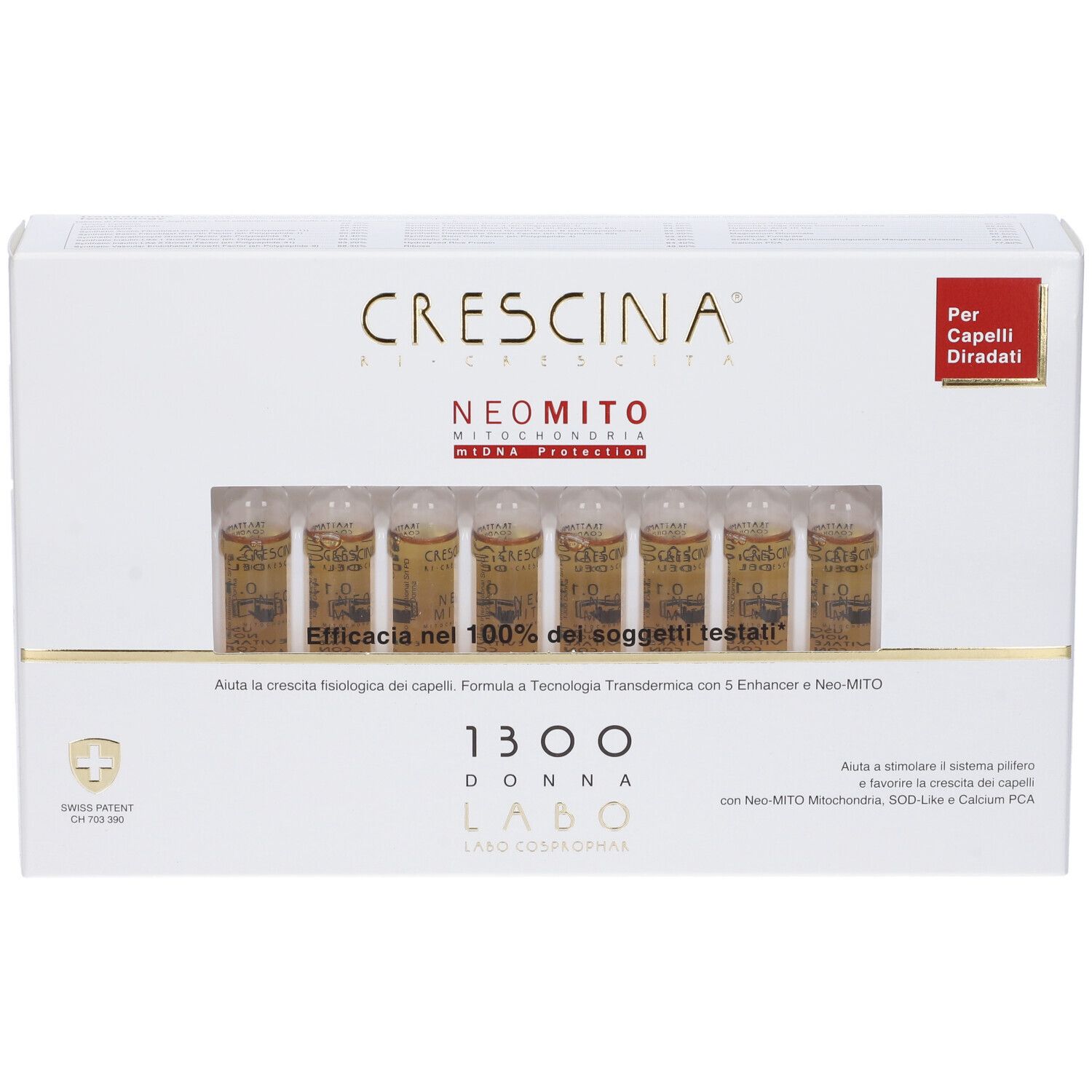 Scatola bianca con fiale. Scritta: Crescina, Neo Mito, 1300 Donna. Etichetta rossa: Per Capelli Diradati.