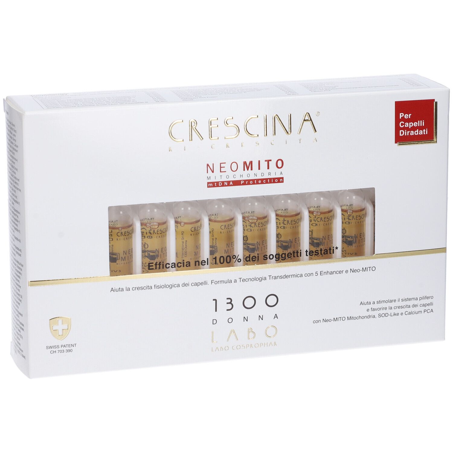Scatola bianca con fiale. Scritta: Crescina, Neo Mito, 1300 Donna. Etichetta rossa: Per Capelli Diradati.