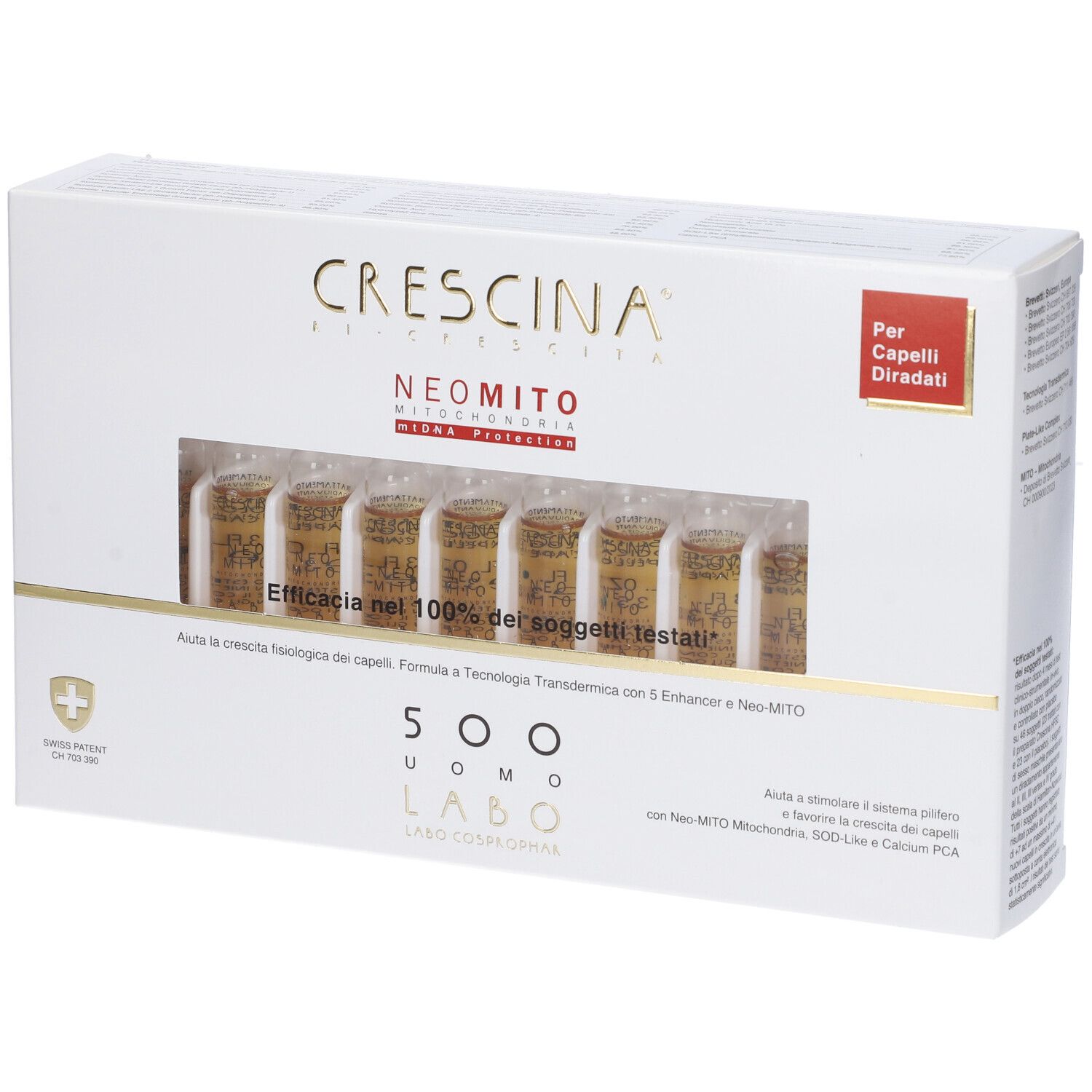 Confezione Crescina Neo Mito 500 Uomo, ampolle visibili. Per capelli diradati.