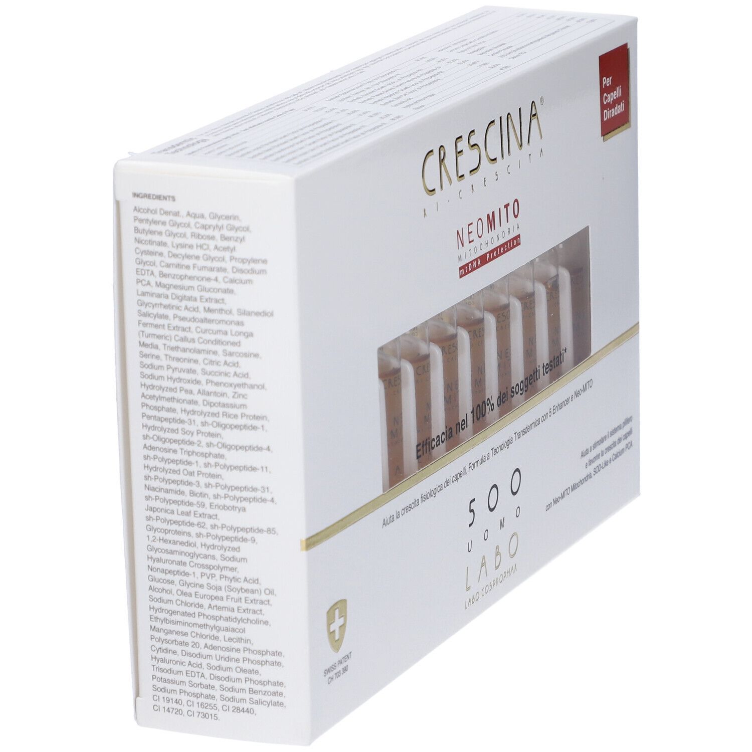Confezione Crescina Neo Mito 500 Uomo, elenco ingredienti. Per capelli diradati.