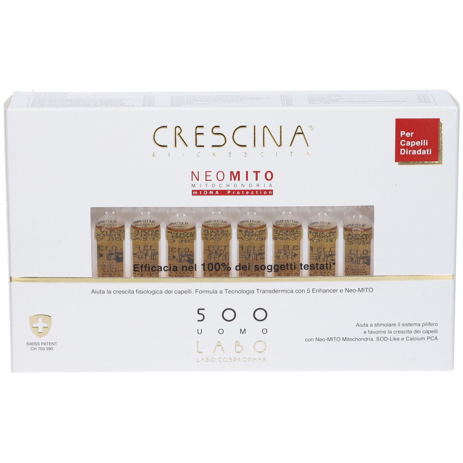 Confezione Crescina Neo Mito 500 Uomo, ampolle visibili. Per capelli diradati.