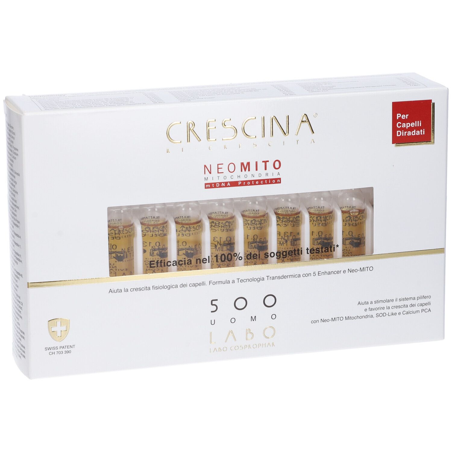 Confezione Crescina Neo Mito 500 Uomo, ampolle visibili. Per capelli diradati.