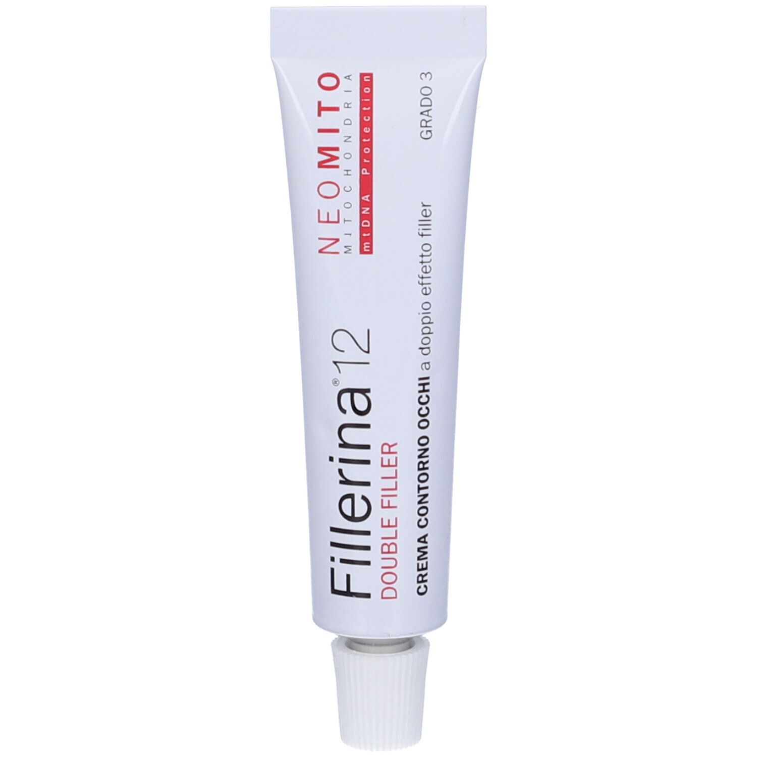 Tubo bianco con scritta "Fillerina 12 Double Filler". In alto "NEOMITO".