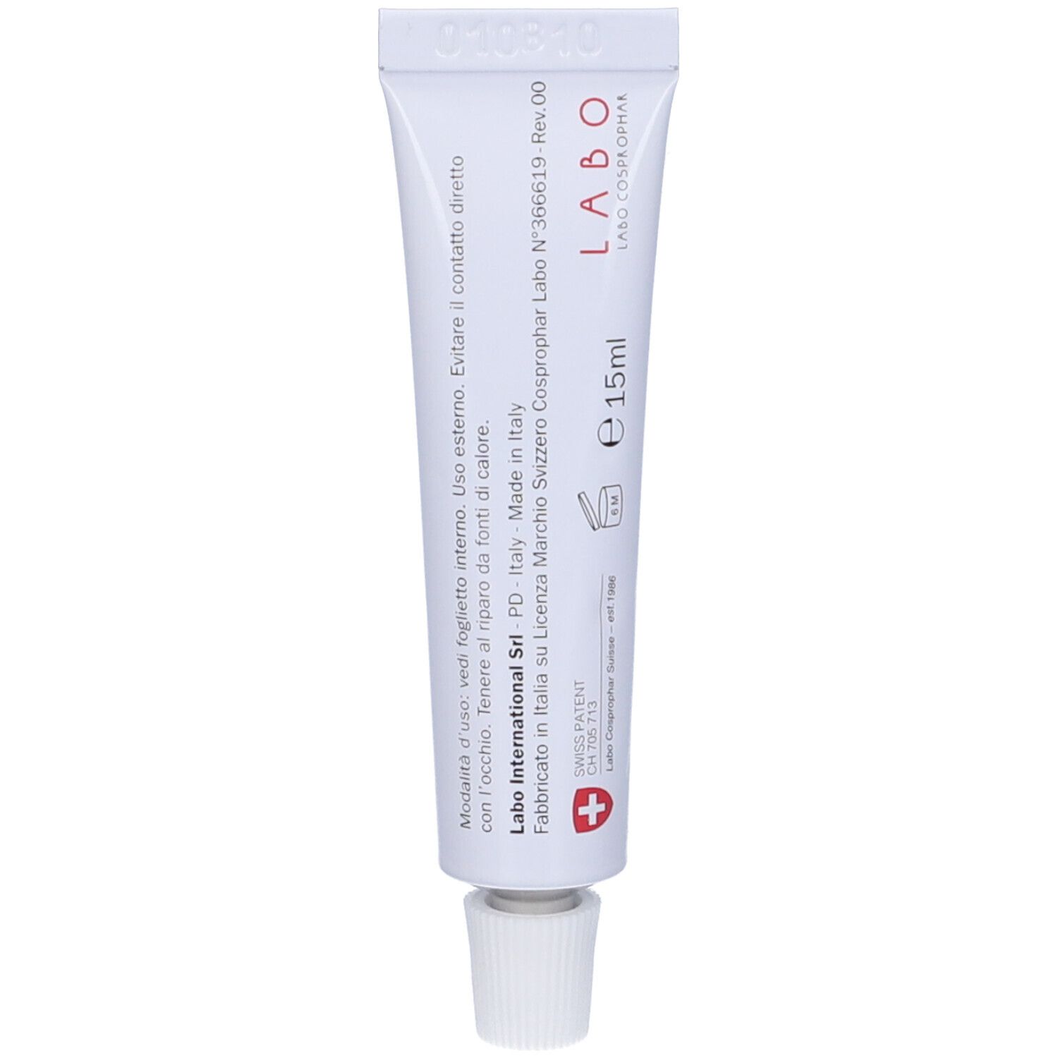 Tubo bianco con stampa. In alto "LABO". In basso "e15ml".