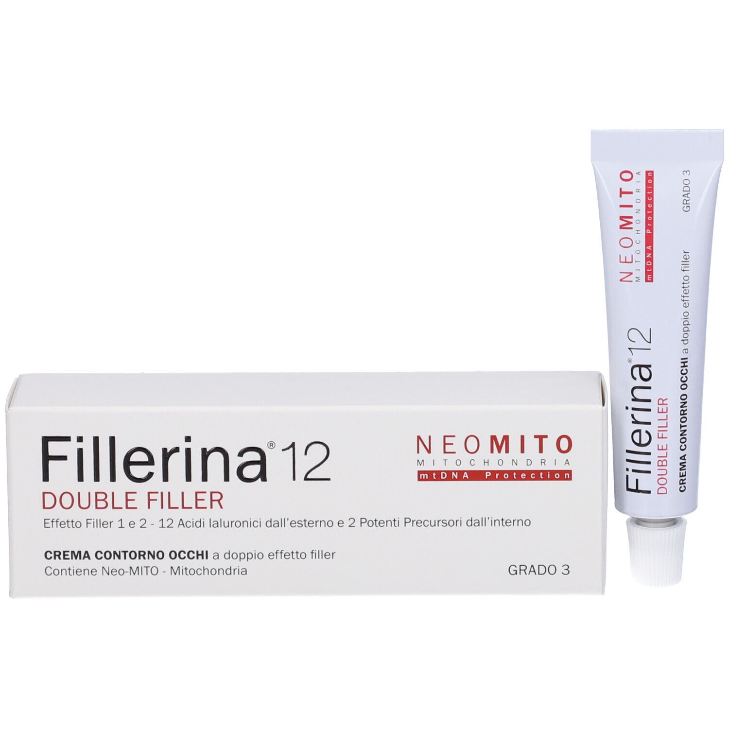 Scatola e tubo bianchi. Il tubo riporta la scritta "Fillerina 12 Double Filler".