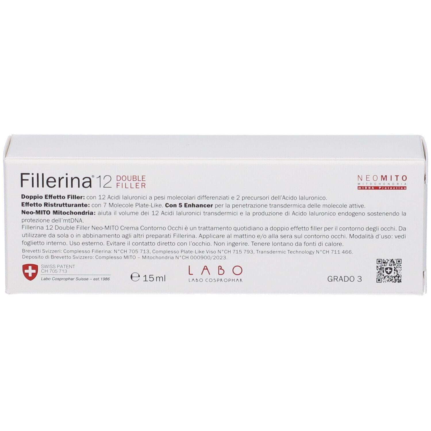 Scatola bianca con testo. Stampa "Fillerina 12 Double Filler".