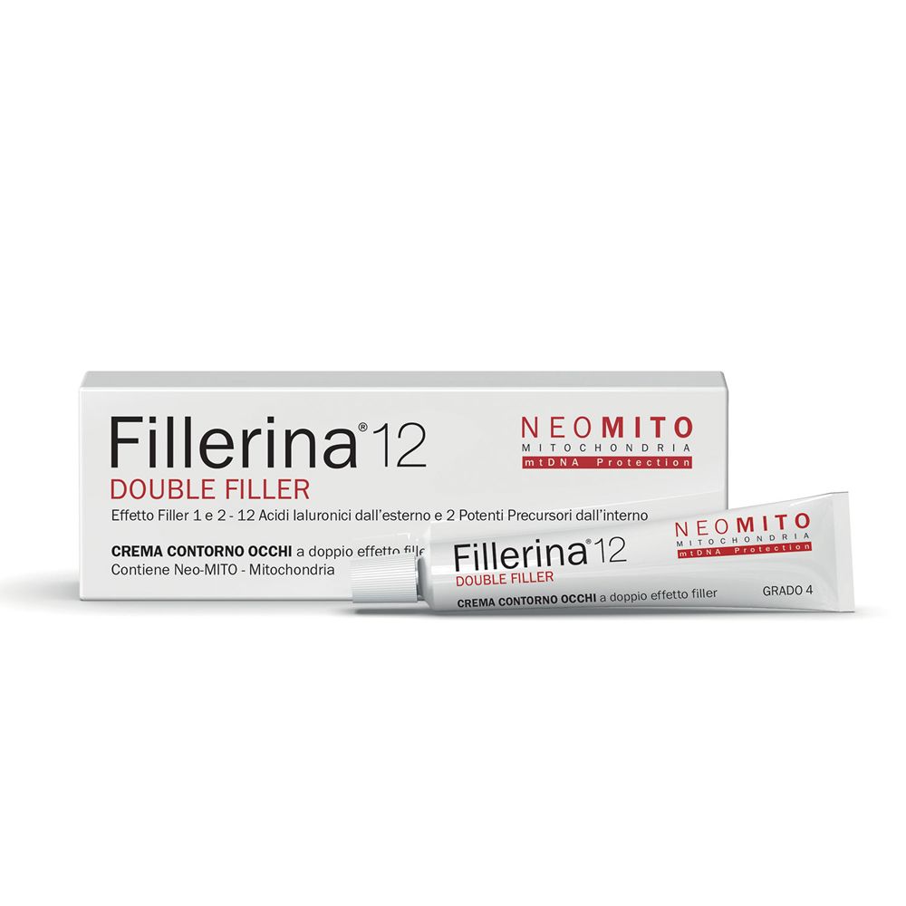Scatola pieghevole e tubo bianchi. Sulla scatola c'è scritto "Fillerina 12 Double Filler". Anche il tubo riporta questa scritta.