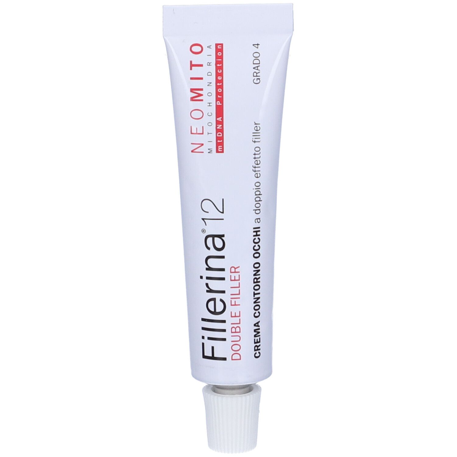 Tubo bianco con testo rosso. Stampato "Fillerina 12 Double Filler". In alto a destra "Grado 4".