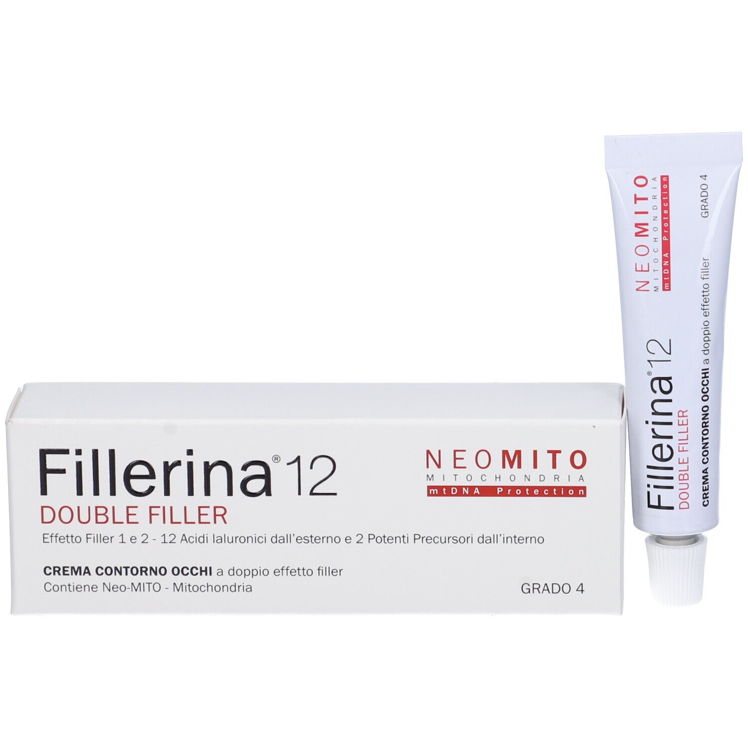 Scatola pieghevole e tubo bianchi. Sulla scatola c'è scritto "Fillerina 12 Double Filler". Il tubo è accanto.