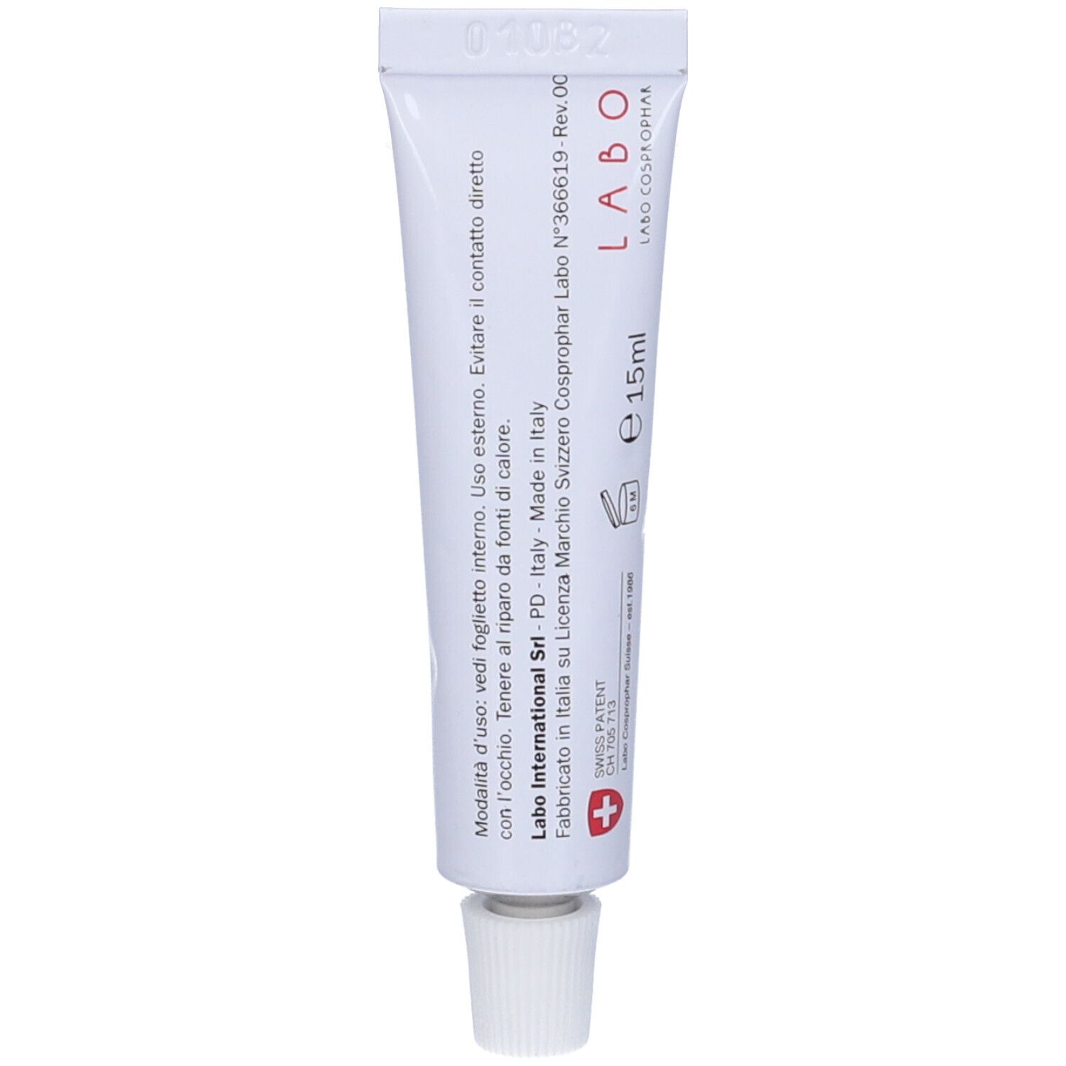 Retro del tubo di crema. Testo e logo Labo. Volume: 15ml. Prodotto in Italia.