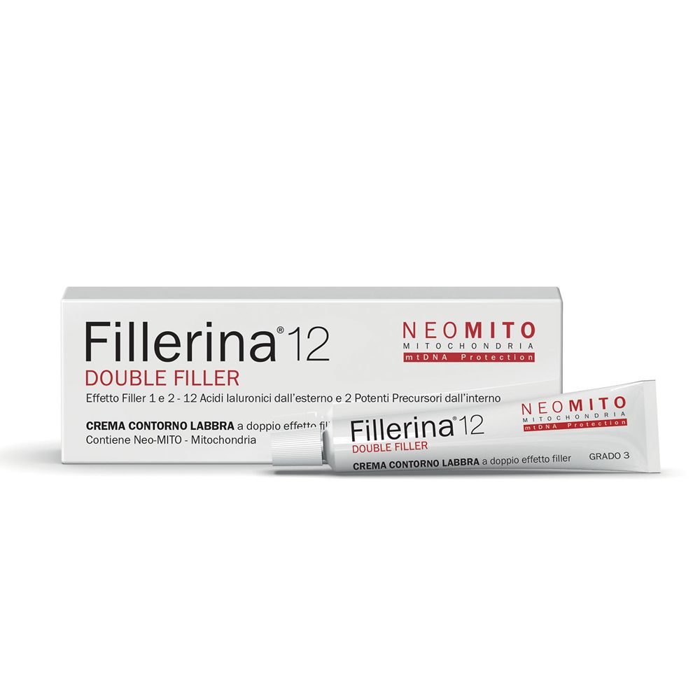 Scatola e tubo bianchi. Scritta Fillerina 12 Double Filler. Tubo di crema per il contorno labbra. Grado 3.