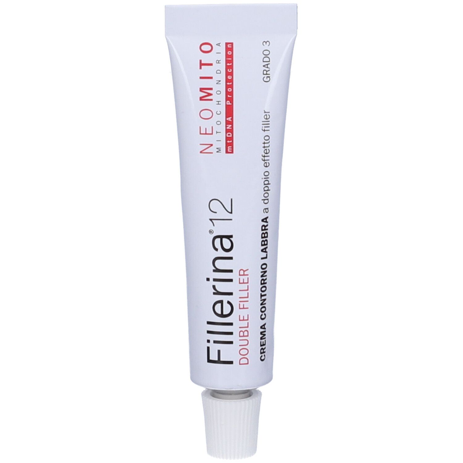 Tubo bianco con scritta Fillerina 12 Double Filler. Crema contorno labbra. Grado 3. Marchio Neomito.