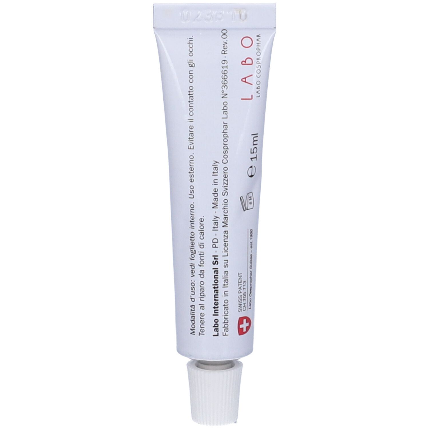 Retro di un tubo bianco. Testo: Labo, 15ml, Made in Italy. Avvertenze. Croce svizzera.