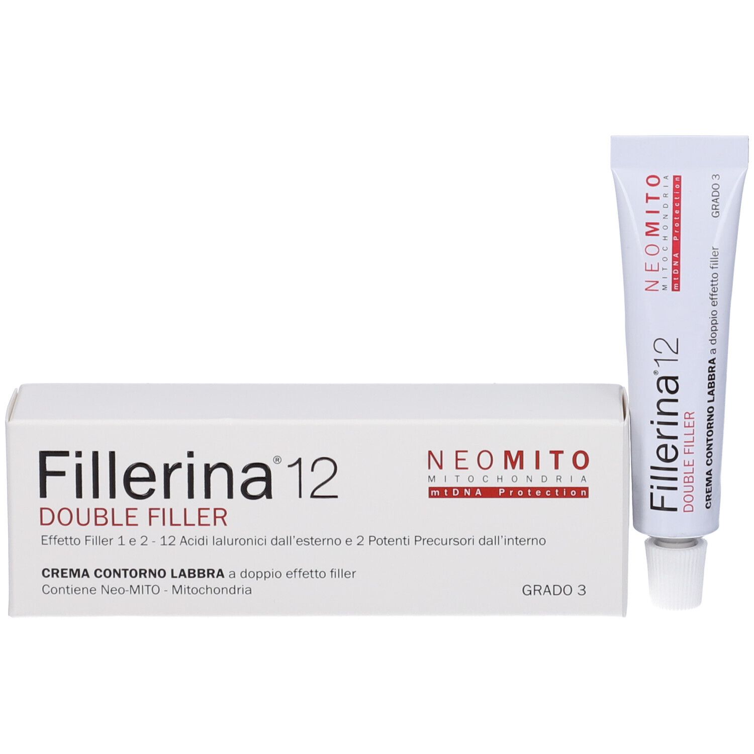 Scatola e tubo bianchi. Scritta Fillerina 12 Double Filler. Tubo di crema per il contorno labbra. Grado 3.