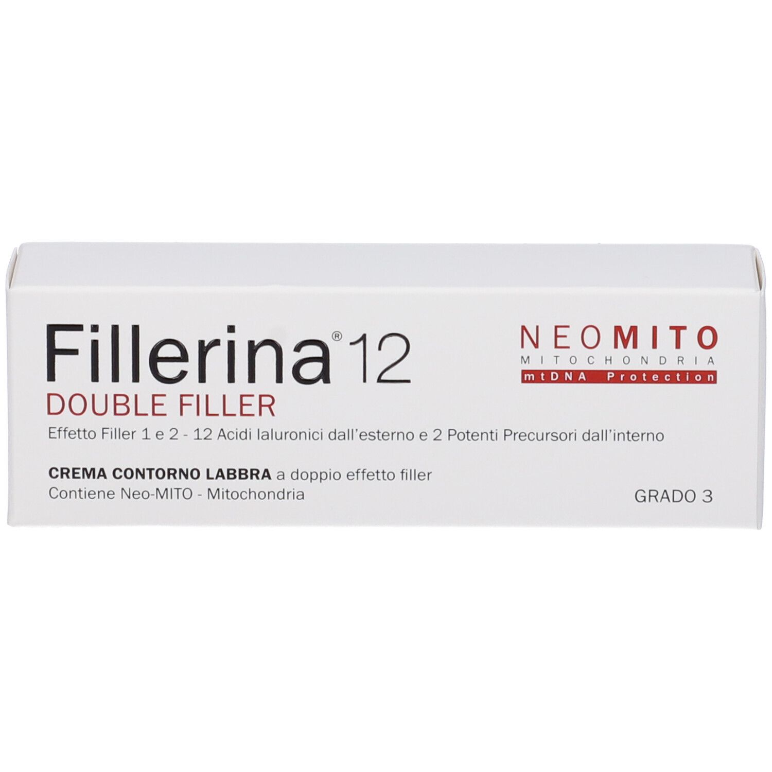 Scatola bianca con scritta Fillerina 12 Double Filler. Crema contorno labbra. Grado 3.