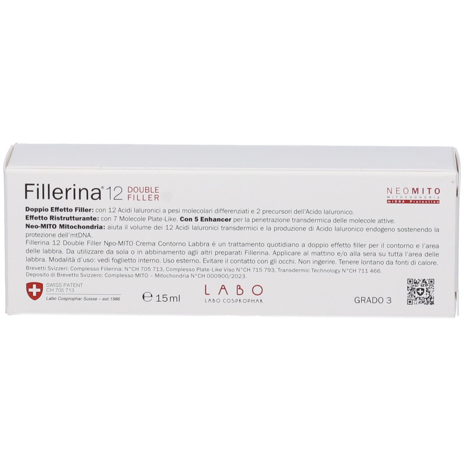 Retro di una scatola bianca. Testo: Fillerina 12 Double Filler. Ingredienti, istruzioni, 15ml, Grado 3.